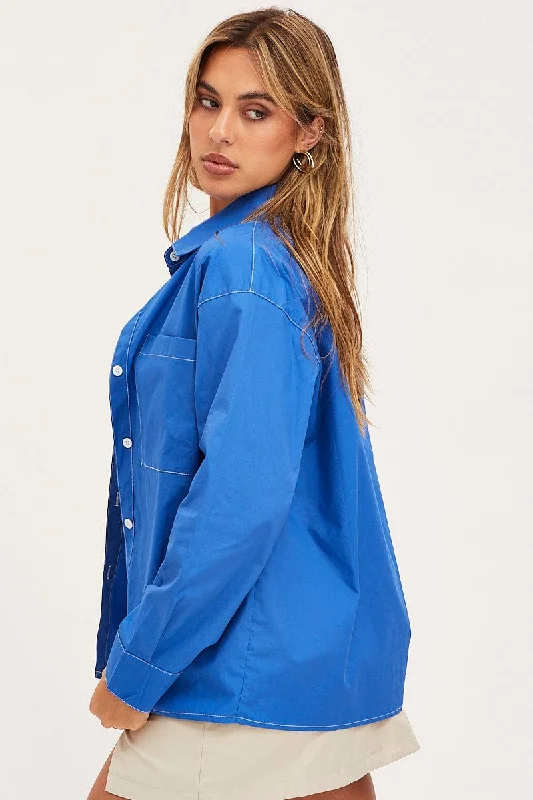 Blue Oversized Shirts Long Sleeve Collared