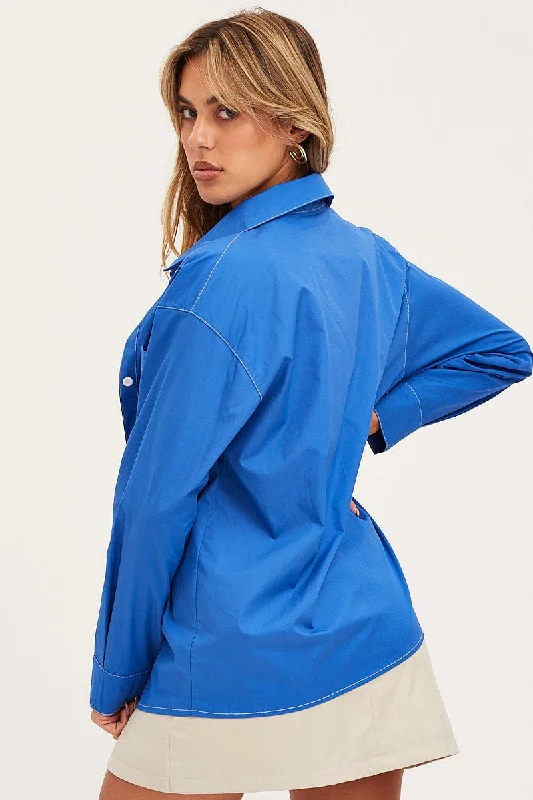 Blue Oversized Shirts Long Sleeve Collared