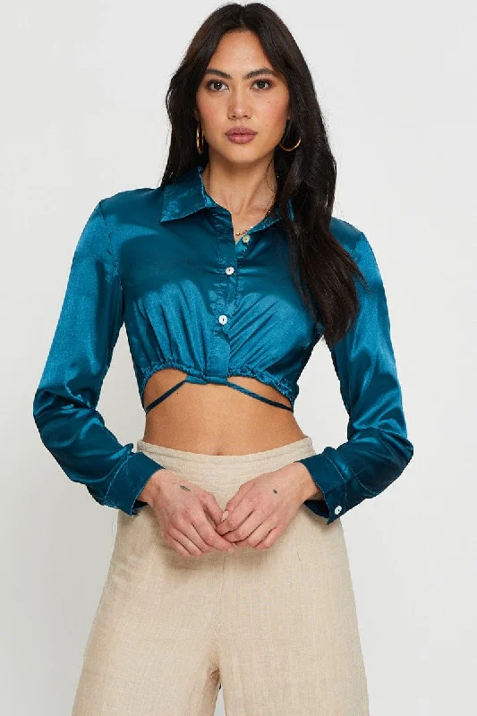 Blue Wrap Blouse Long Sleeve Collared Satin