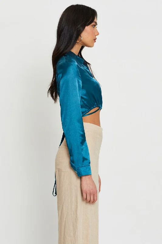 Blue Wrap Blouse Long Sleeve Collared Satin