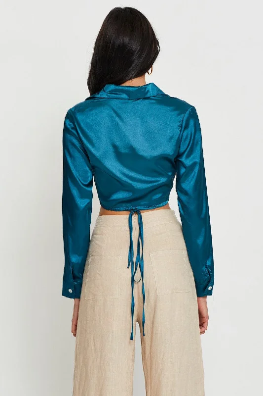 Blue Wrap Blouse Long Sleeve Collared Satin