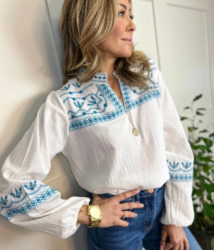 Ivory & Blue Boho Festival Embroidered Blouse Top