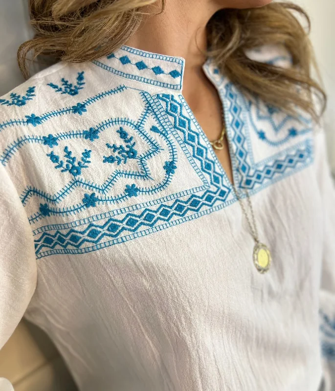 Ivory & Blue Boho Festival Embroidered Blouse Top