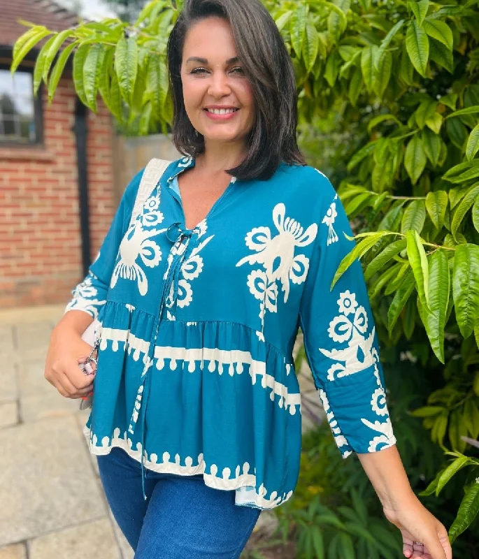 Teal Tribal Smock Blouse