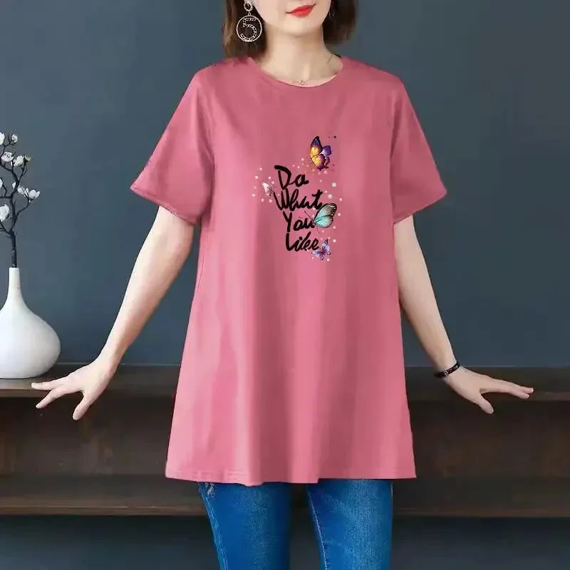 Women Summer Butterfly Floral Print Oversized Cotton T-shirt Fashion O Neck Shor