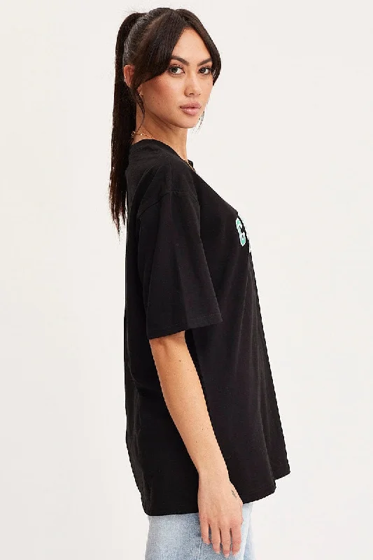 Black Graphic T Shirt Short Sleeve Embroided