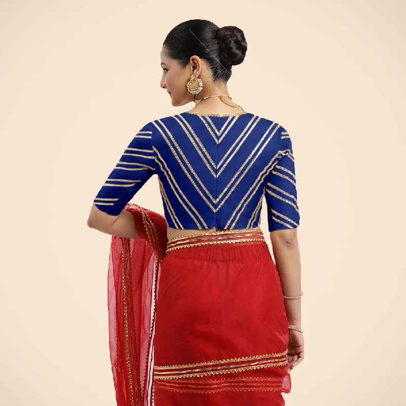 Navya x Tyohaar | Cobalt Blue Elbow Sleeves FlexiFit™ Saree Blouse with Plunging V Neckline with Tasteful Golden Gota Lace