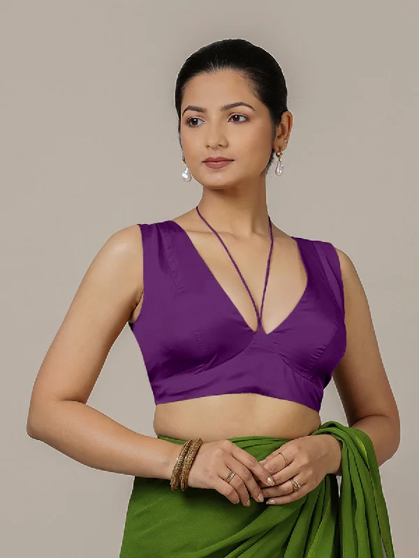 Ahana x Rozaana | Purple Sleeveless FlexiFit™ Saree Blouse with Plunging Neckline and Back Cut Out with Tie-up