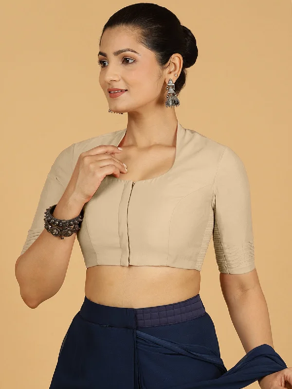 Salma x Rozaana | Elbow Sleeves Saree Blouse in Oyster Grey