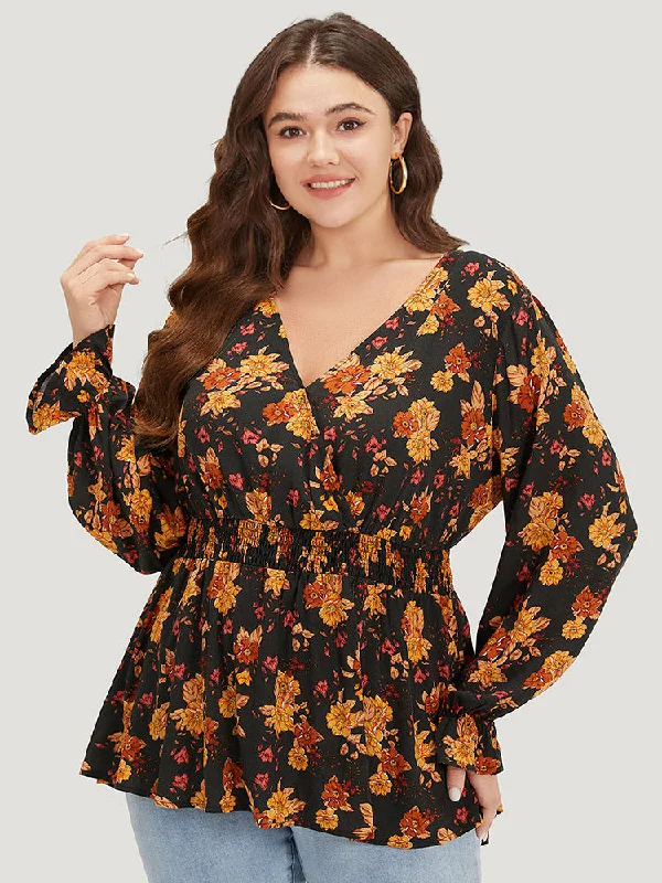 Floral Print Wrap Shirred Lantern Sleeve Blouse