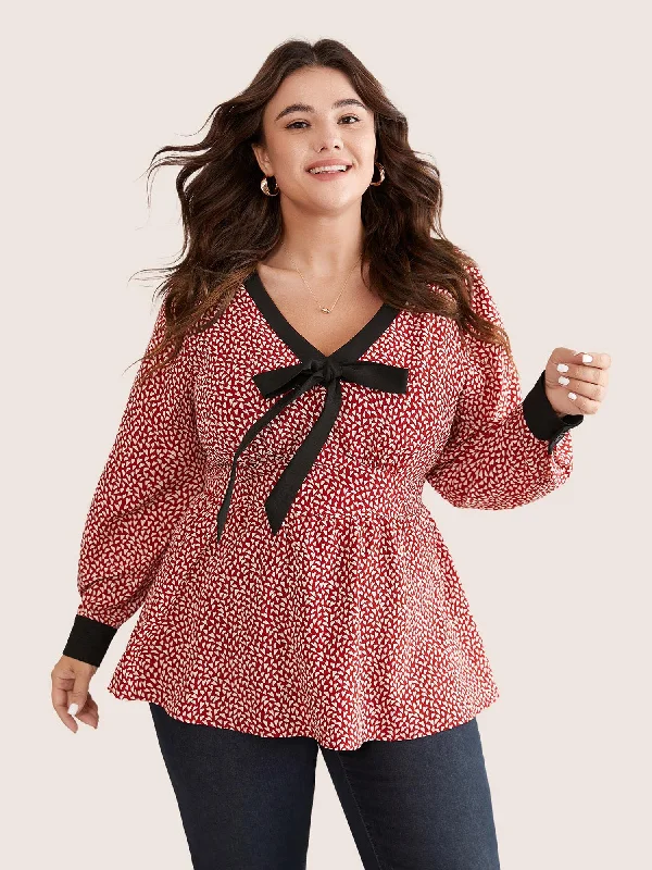 Heart Print Bowknot Elastic Waist Blouse