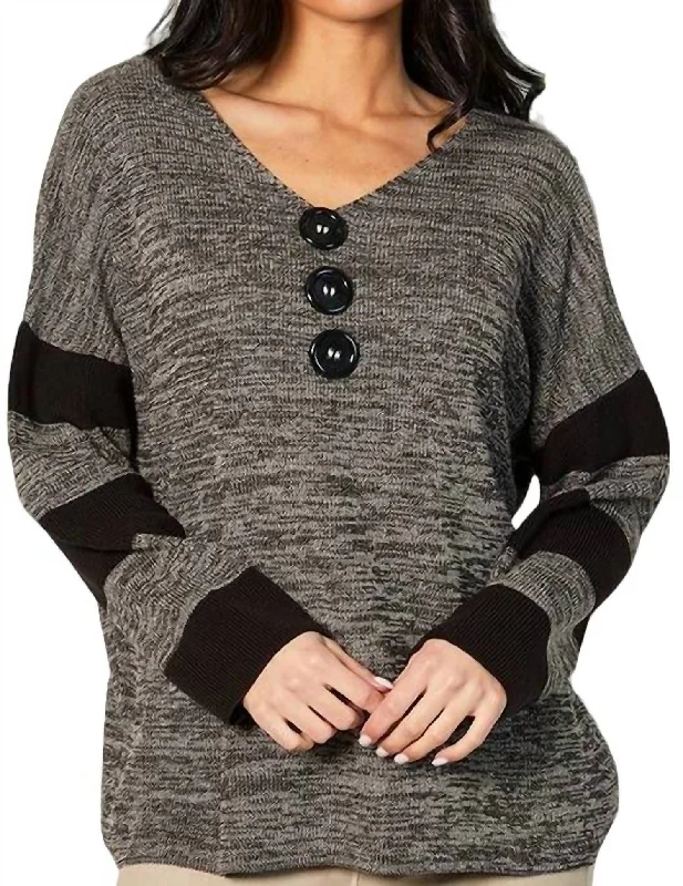 V- Neck Button Pullover In Stone/black