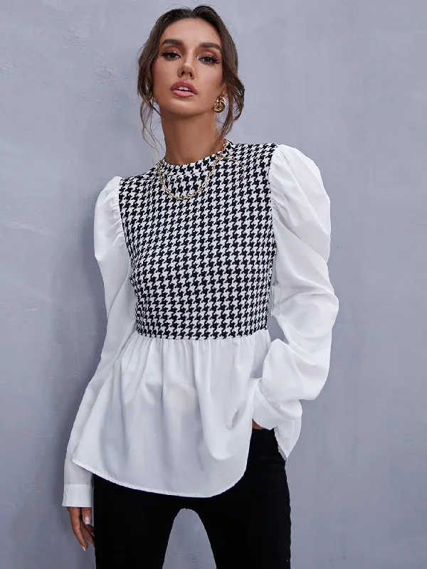 KittenAlarm - Zipper Back Houndstooth Blouse