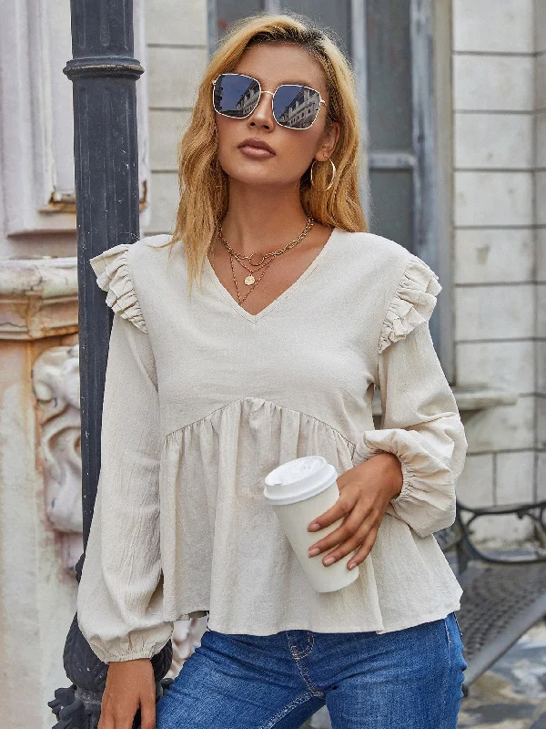 KittenAlarm - V-neck puff sleeve long-sleeved loose high-waist top