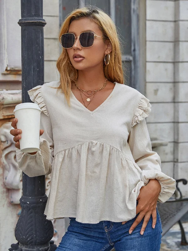 KittenAlarm - V-neck puff sleeve long-sleeved loose high-waist top