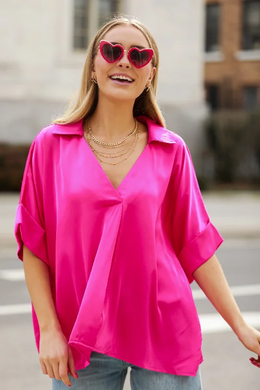 FINAL SALE - Captivating Presence Hot Pink Satin Blouse