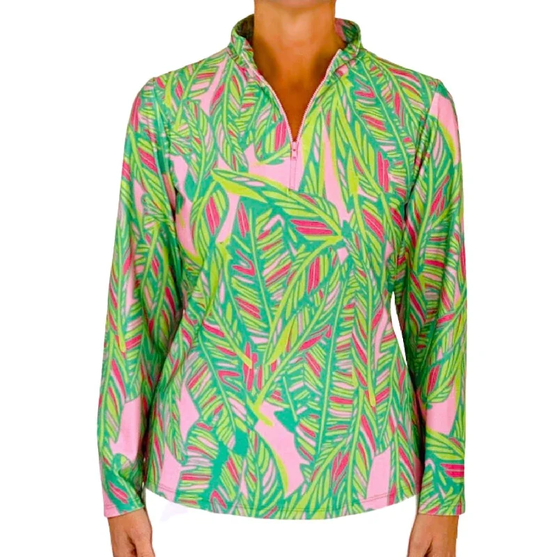 Ana Maria Pullover In Abstract Leaves Pink Lime