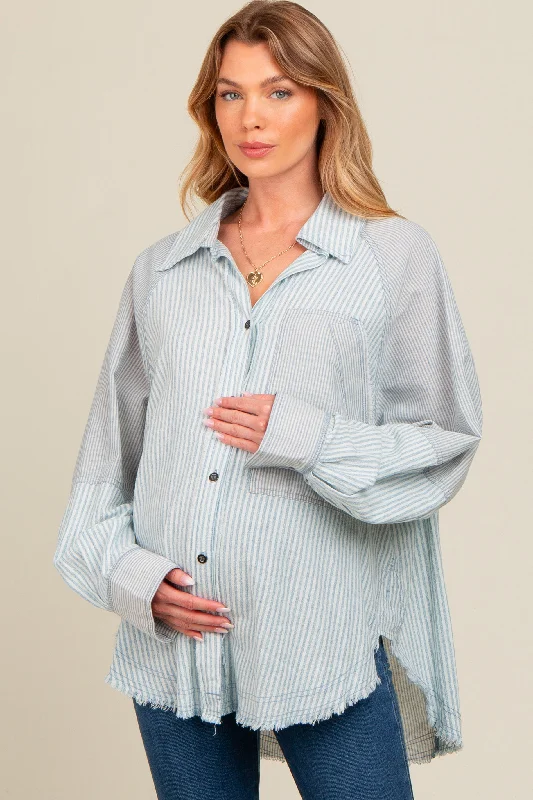 Blue Striped Button Down Oversized Long Sleeve Maternity Top