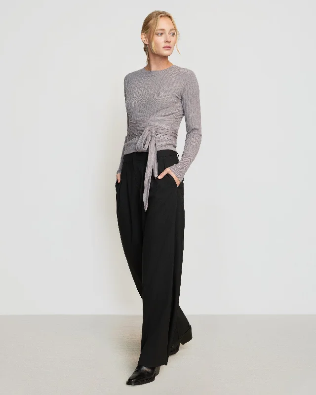 Deniza Tie-Front Ribbed Long-Sleeve Sweater