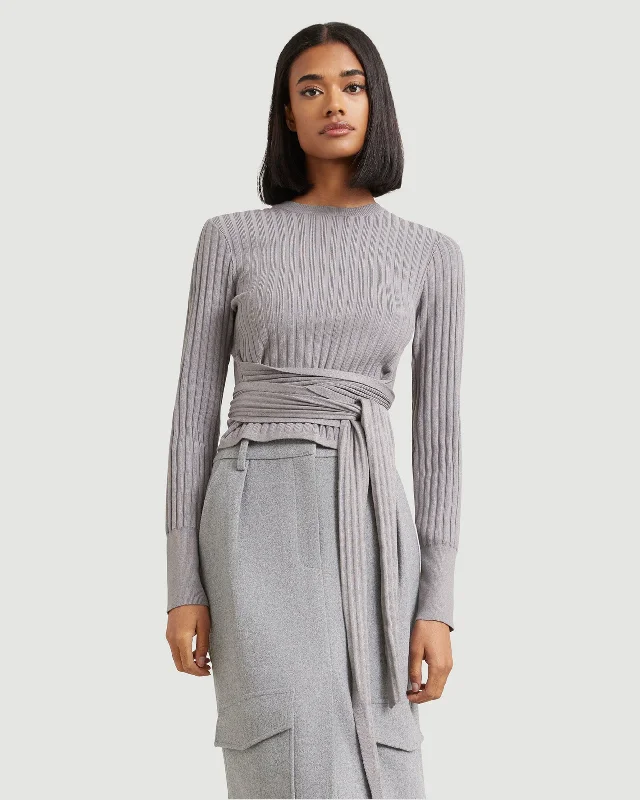 Deniza Tie-Front Ribbed Long-Sleeve Sweater