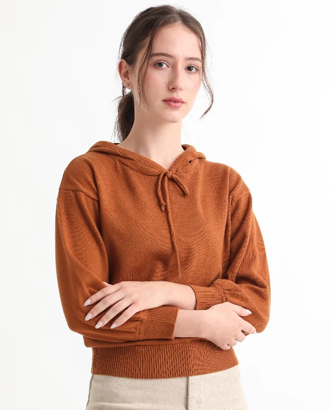 Rareism Women'S Finn Sweat Rust Cotton Fabric Full Sleeves Relaxed Fit Solid Hooded Sweater