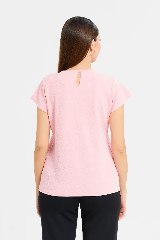 Woman Pink Embellished Neck Blouse