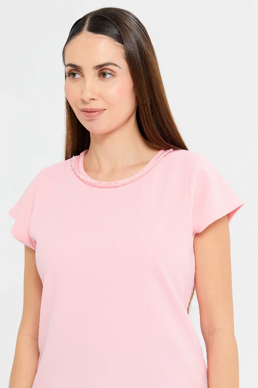 Woman Pink Embellished Neck Blouse