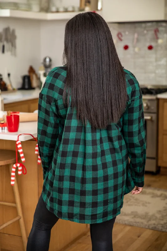 Northern Sky Green Buffalo Plaid Button Up Blouse