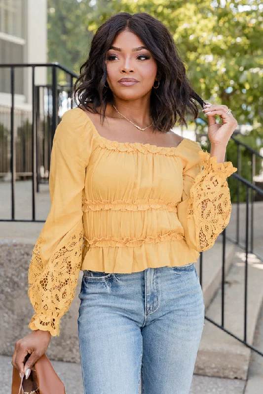 Out Of Your League Mustard Lace Sleeve Detail Blouse FINAL SALE