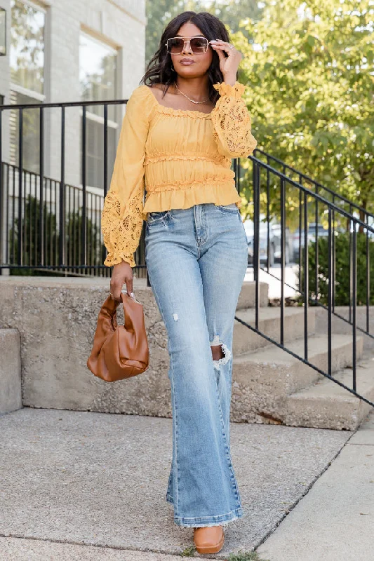 Out Of Your League Mustard Lace Sleeve Detail Blouse FINAL SALE