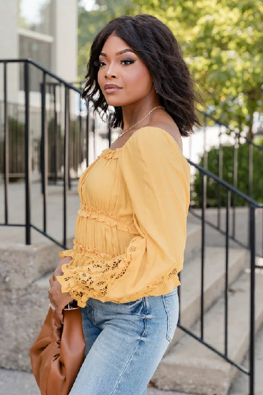 Out Of Your League Mustard Lace Sleeve Detail Blouse FINAL SALE