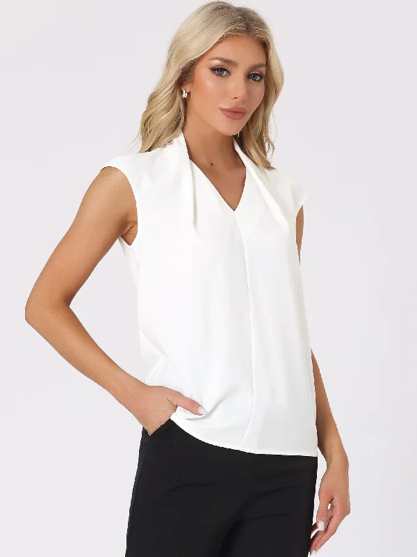 Solid V Neck Cap Sleeve Casual Office Chiffon Blouse