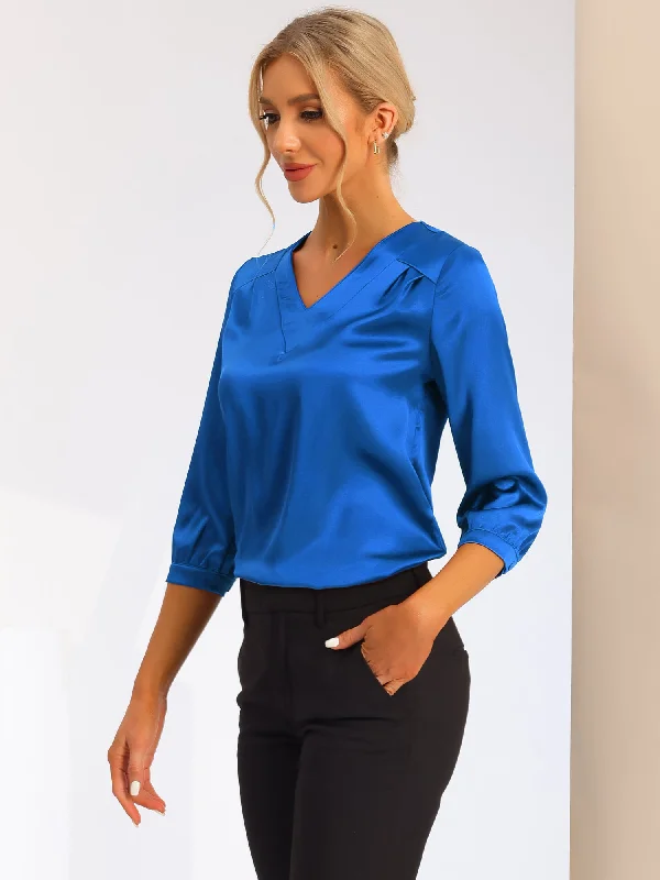 Casual Office Blouse 3/4 Sleeve V Neck Satin Shirt