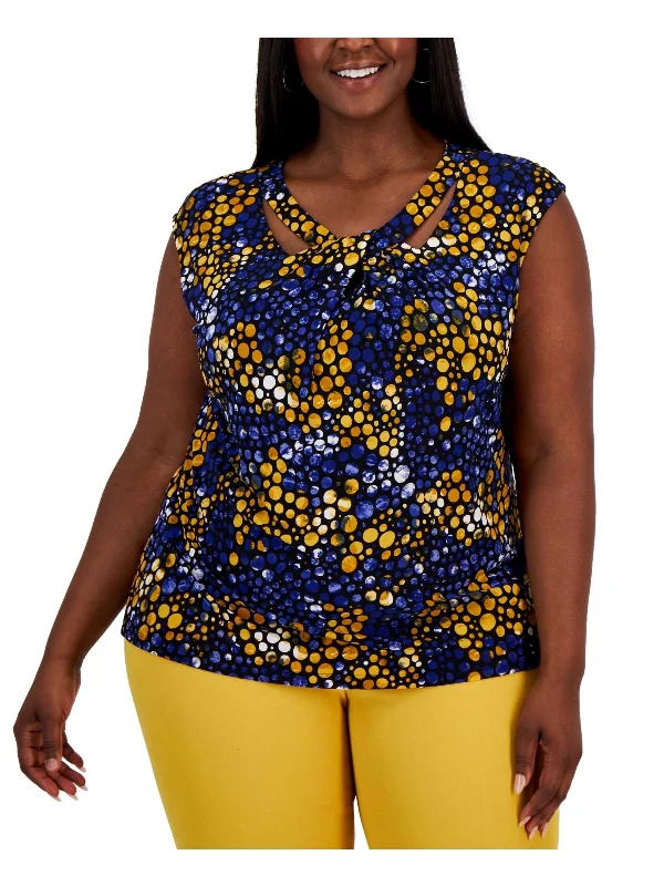 Plus Womens Twist-Neck Dot Print Blouse