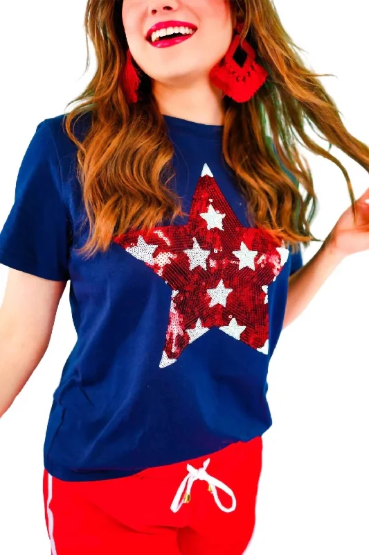 Stars & Sparklers Sequin Tee Top In Navy