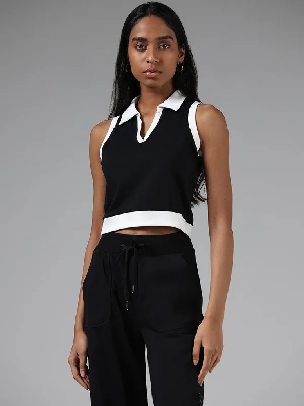 Studiofit Black Contrast Paneled Cotton Blend Crop T-Shirt