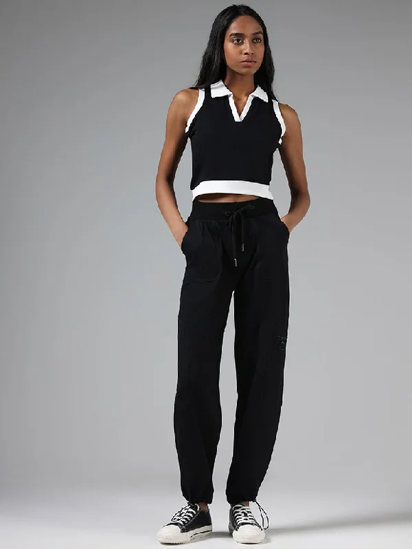 Studiofit Black Contrast Paneled Cotton Blend Crop T-Shirt