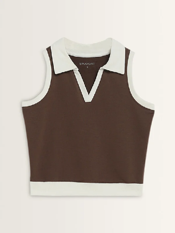 Studiofit Brown Collared Cotton Blend T-Shirt