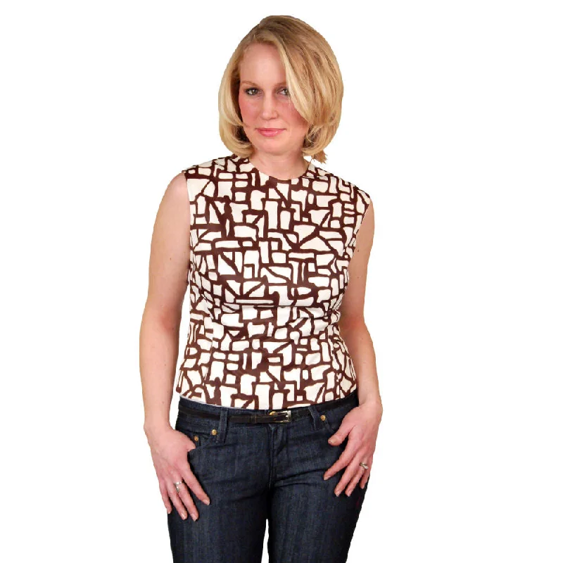 Vintage Blouse  Brown & White Abstract Sleeveless 1950’S 38 Bust