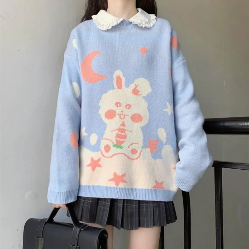 Women's Kawaii Big Rabbit And Stars Embroidered  Loose Sweaters