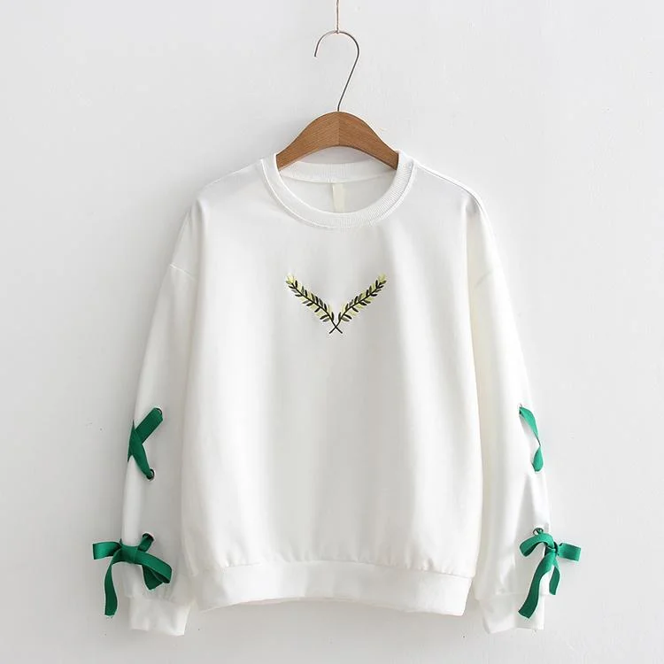 Women's Kawaii Lace-up Ripped Sleeved Cartoon Printed Loose Sweaters