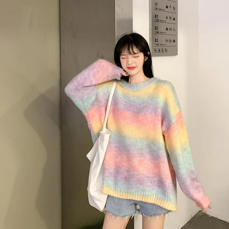 Women's Sweet Colorful Rainbow Striped Loose Sweaters