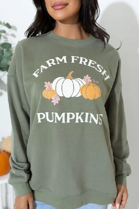 Farm Fresh Pumpkins Olive Oversized Graphic Sweatshirt