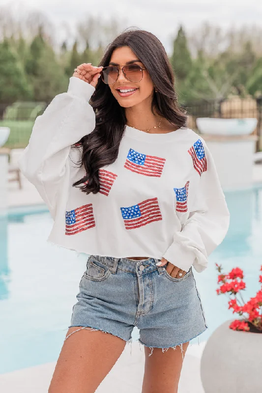 Freedom Forever Ivory Flag Patch Cropped Pullover FINAL SALE