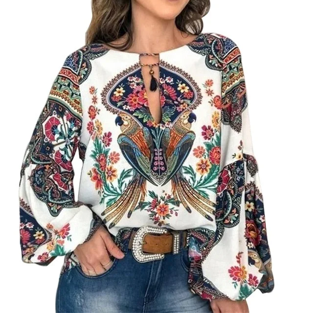 2019 Casual Vintage Shirt Blouse Women Floral Printed Lantern Sleeve Plus Size Women Tops And Blouse V Neck Blusas Mujer De Moda