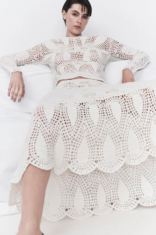 Cleo Crochet Skirt in Ivory Wool Cashmere