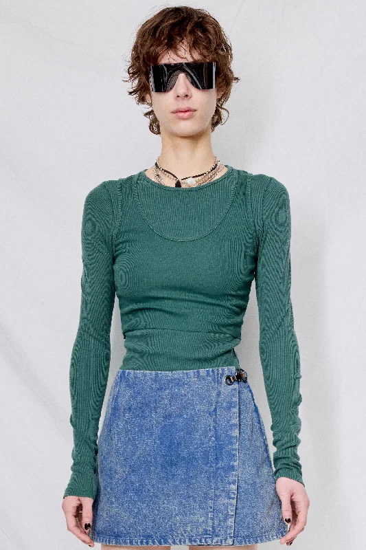 Green Ribbed Jersey Double Layer Crop Top