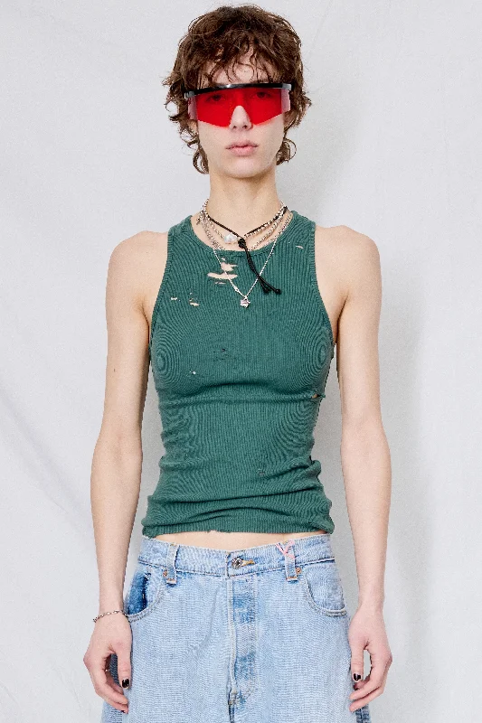 Green Distressed Ribbed Jersey Standard Tank