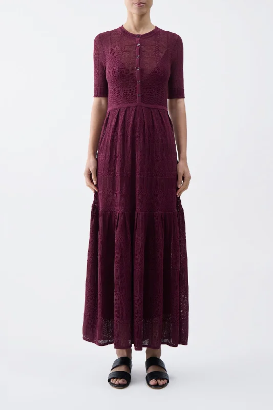 Iris Pointelle Knit Pleated Dress with Slip in Bordeaux Cotton Silk