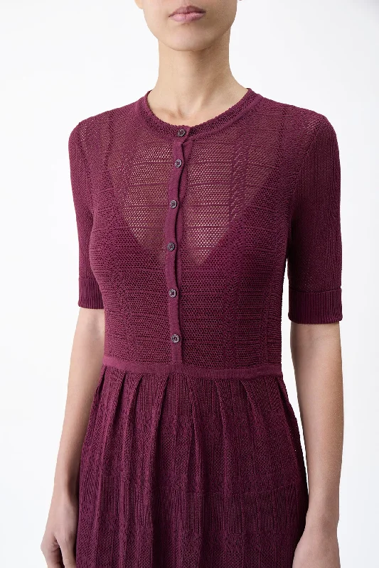 Iris Pointelle Knit Pleated Dress with Slip in Bordeaux Cotton Silk